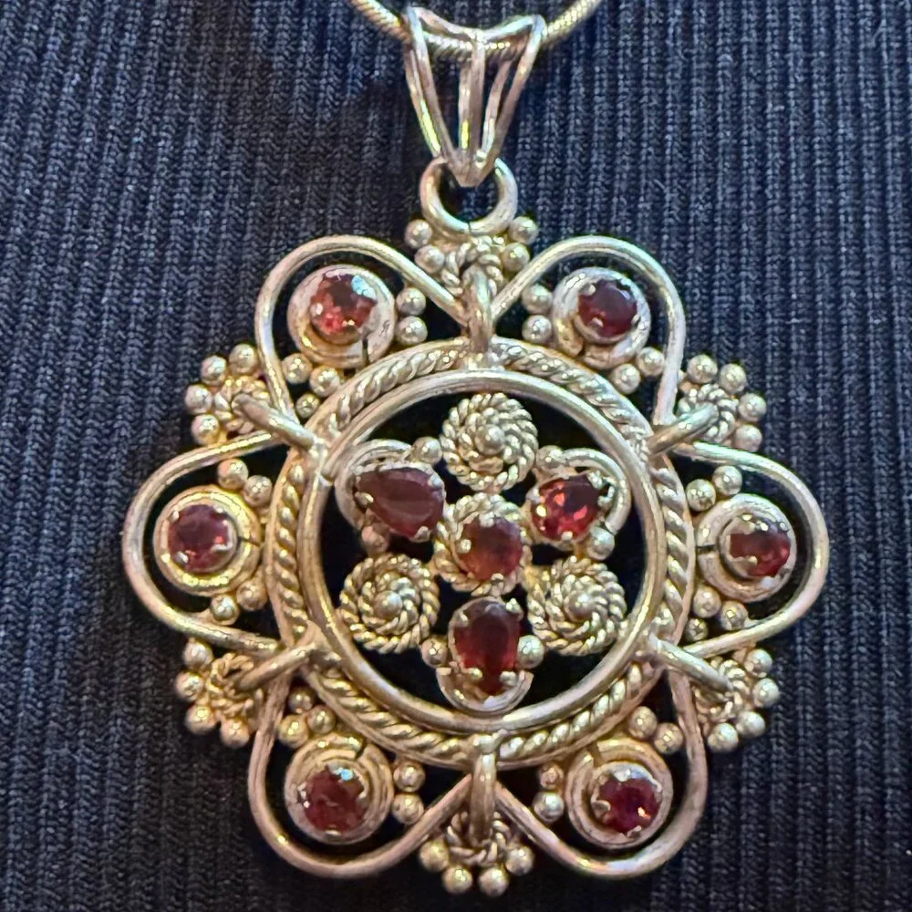 Sterling 925 and Garnet Bohemian Pendant with Sterling Silver 20 Inch Chain